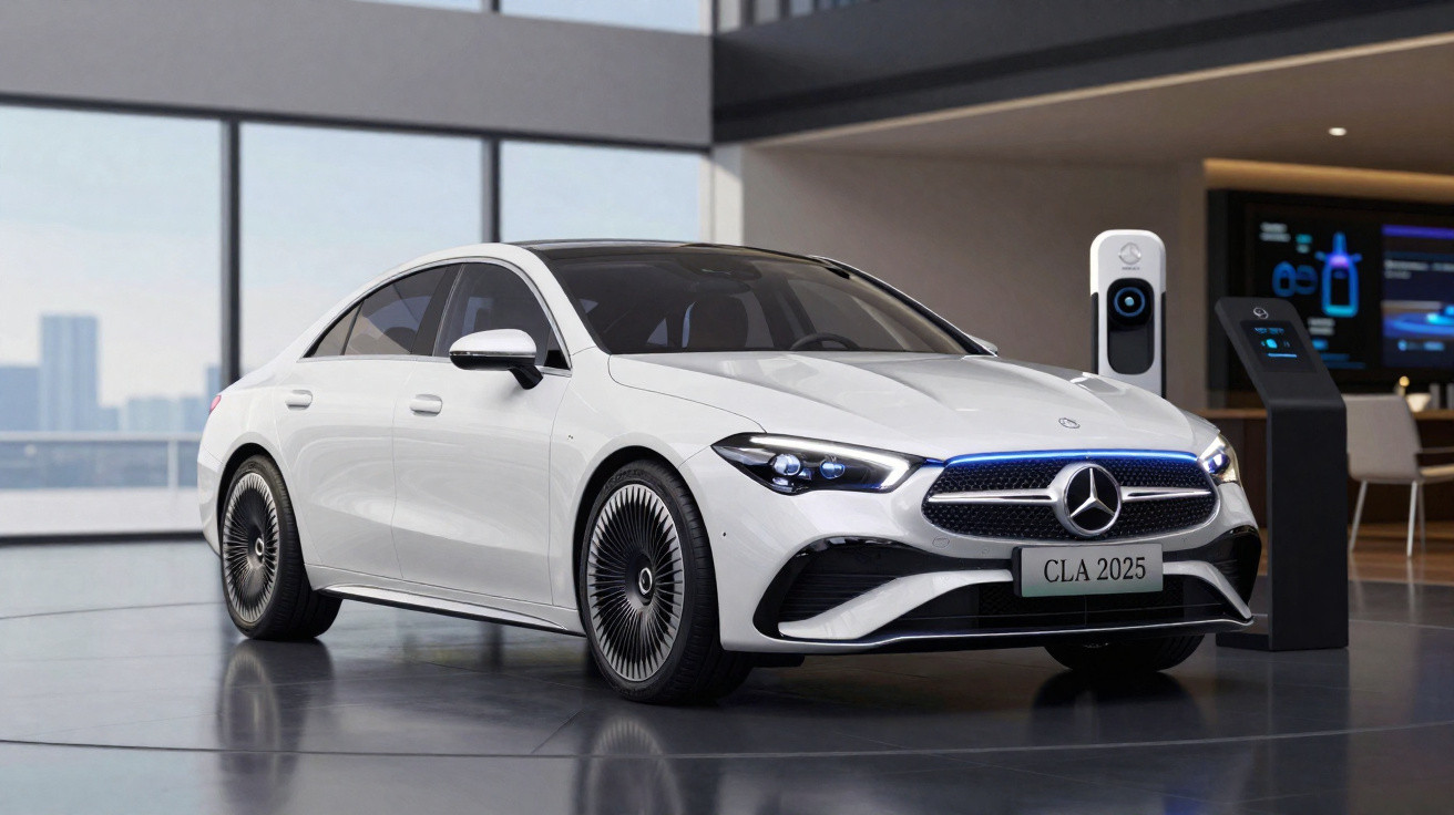 Carro elétrico branco Mercedes-Benz CLA 2025 estacionado próximo a estação de recarga em showroom moderno.