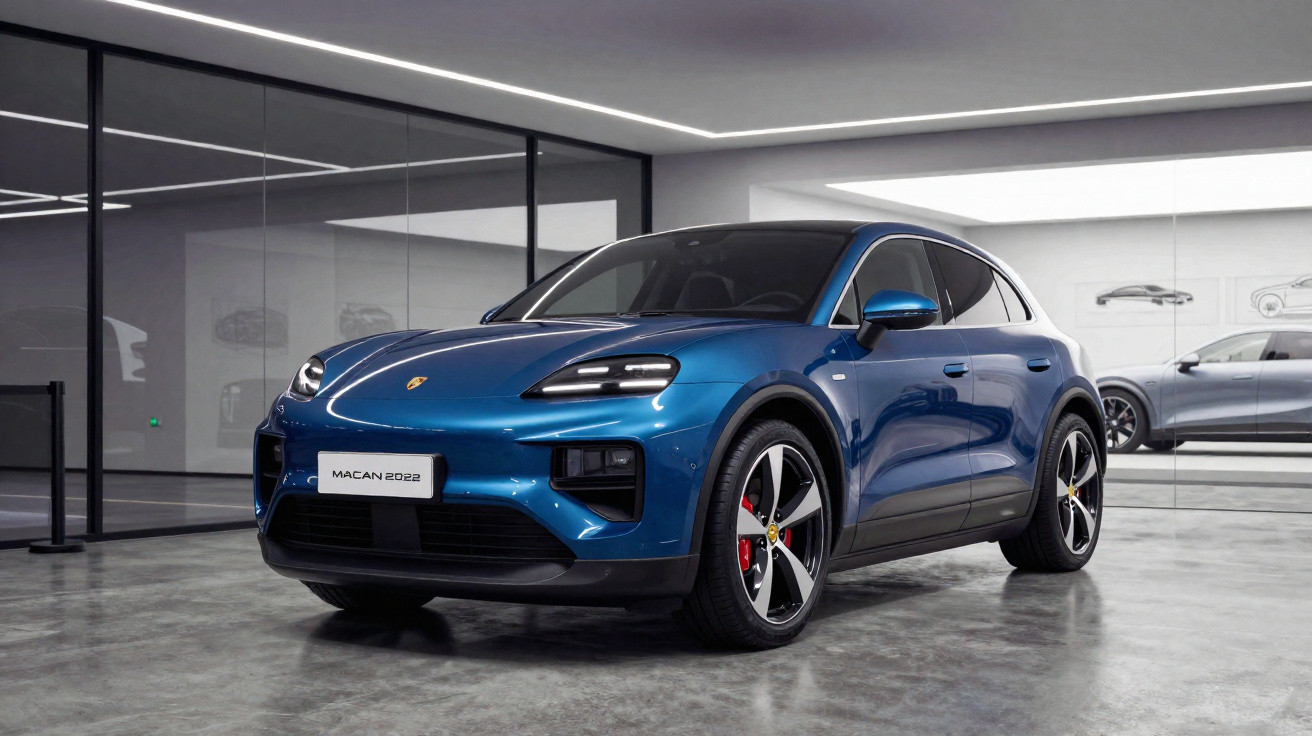 Carro azul Porsche Macan 2022 exibido em salão moderno com piso cinza e paredes de vidro.