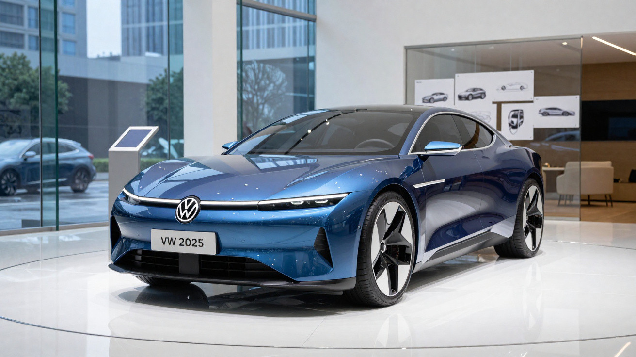 Carro elétrico Volkswagen VW 2025 azul em exposição dentro de showroom moderno e iluminado.