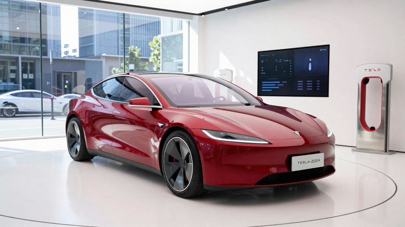 Carro elétrico Tesla vermelho 2024 exibido em showroom moderno com parede de vidro e carregador Tesla.