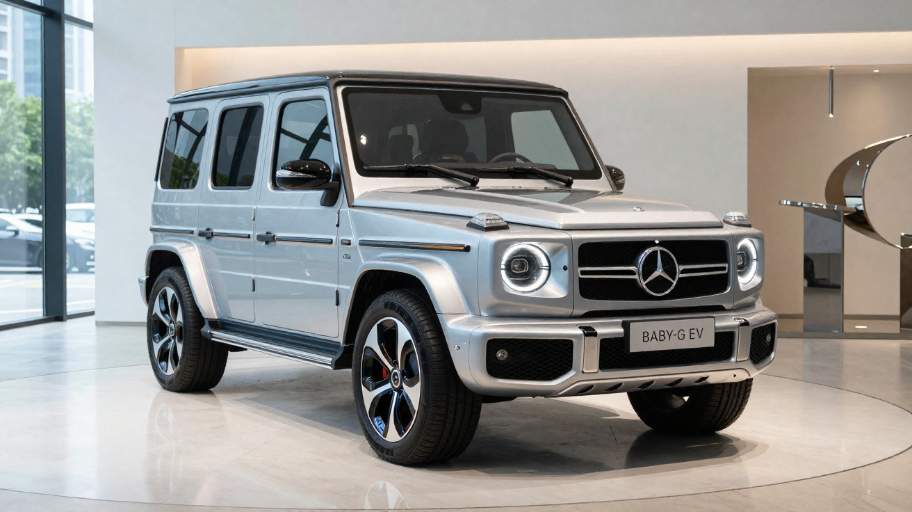 SUV Mercedes-Benz G-Class prata exibido em ambiente interno moderno com placa frontal indicando modelo BABY-G EV.