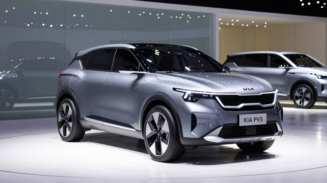 SUV elétrico cinza Kia PV5 exposto em salão de automóveis com iluminação moderna.