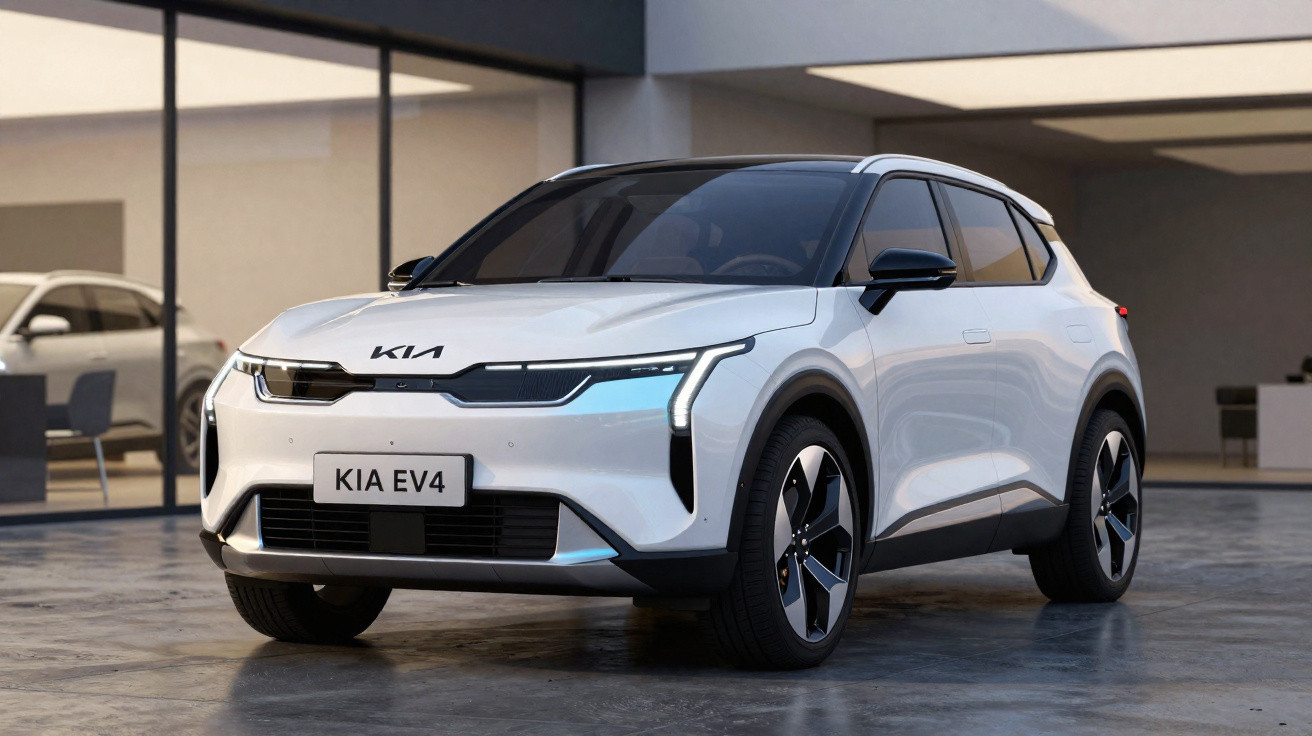 Carro elétrico branco Kia EV4 estacionado em garagem moderna com fachada de vidro ao fundo.