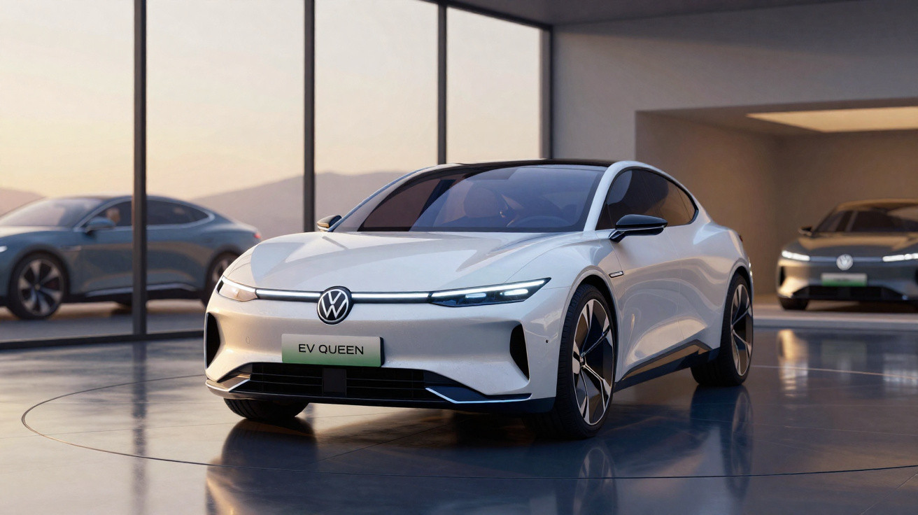 Carro elétrico branco Volkswagen EV Queen em showroom moderno com piso refletivo e iluminação natural.