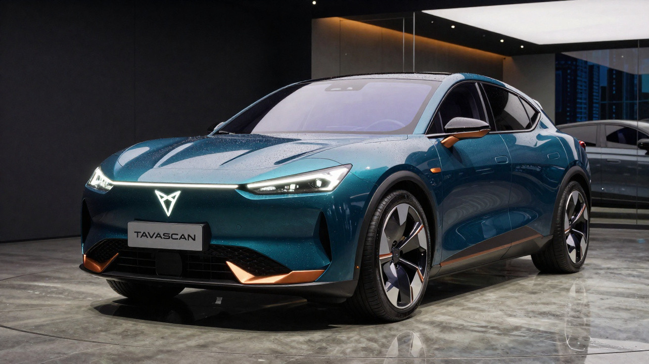 Carro elétrico azul metálico Cupra Tavascan em exposição interna com detalhes em cobre.