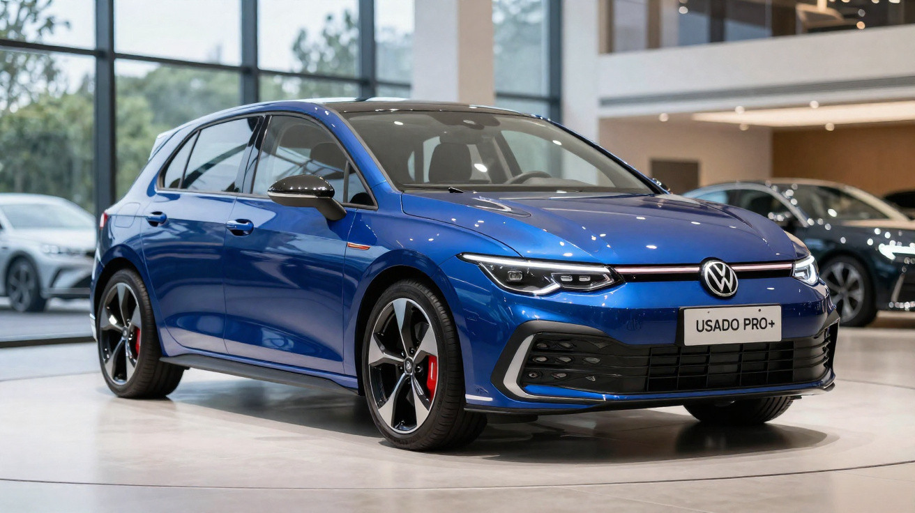 Carro Volkswagen hatchback azul em exposição dentro de showroom com pintura brilhante e rodas esportivas.