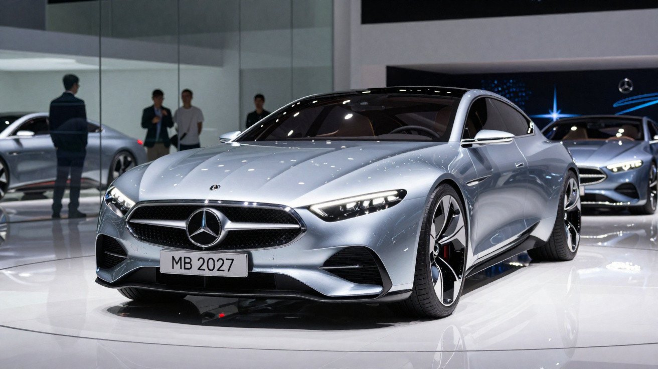 Carro esportivo Mercedes-Benz prata exibido em salão automotivo com design moderno e faróis LED.