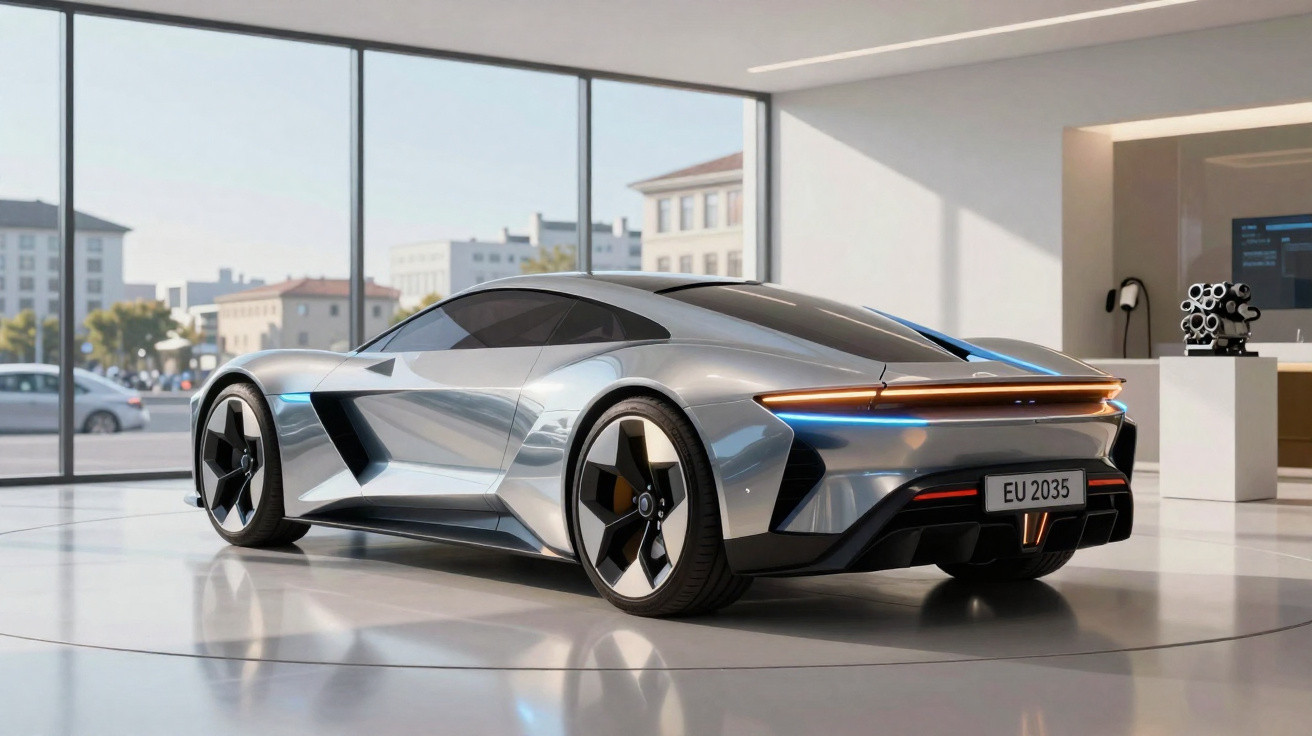Carro esportivo elétrico futurista cinza exposto em showroom moderno com grande janela panorâmica.