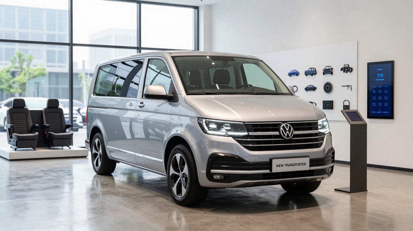 Van Volkswagen prata modelo New Transporter exposta em showroom moderno.