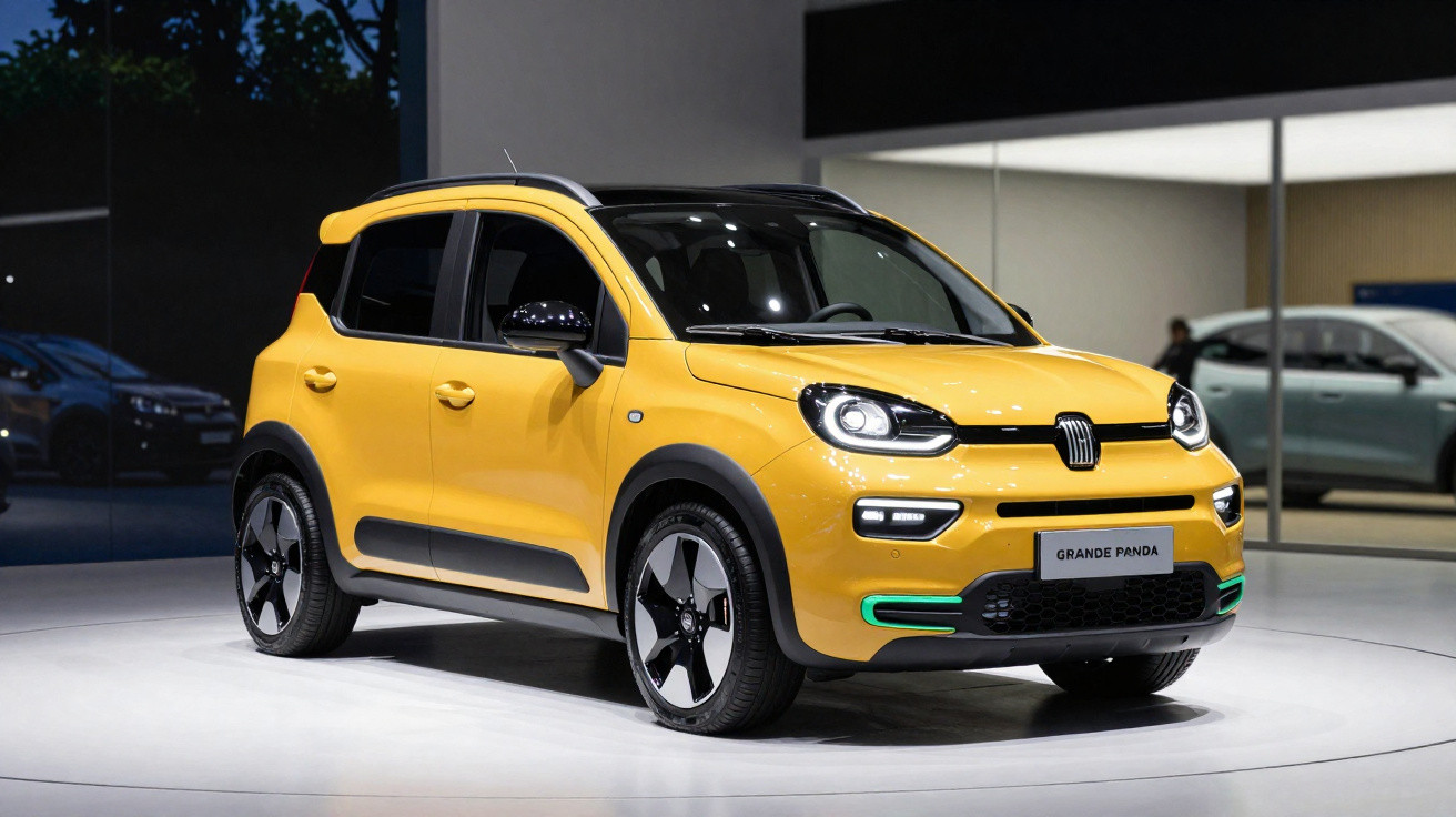 Carro Fiat Grande Panda amarelo em exposição, com teto preto e destaque para faróis e rodas modernas.