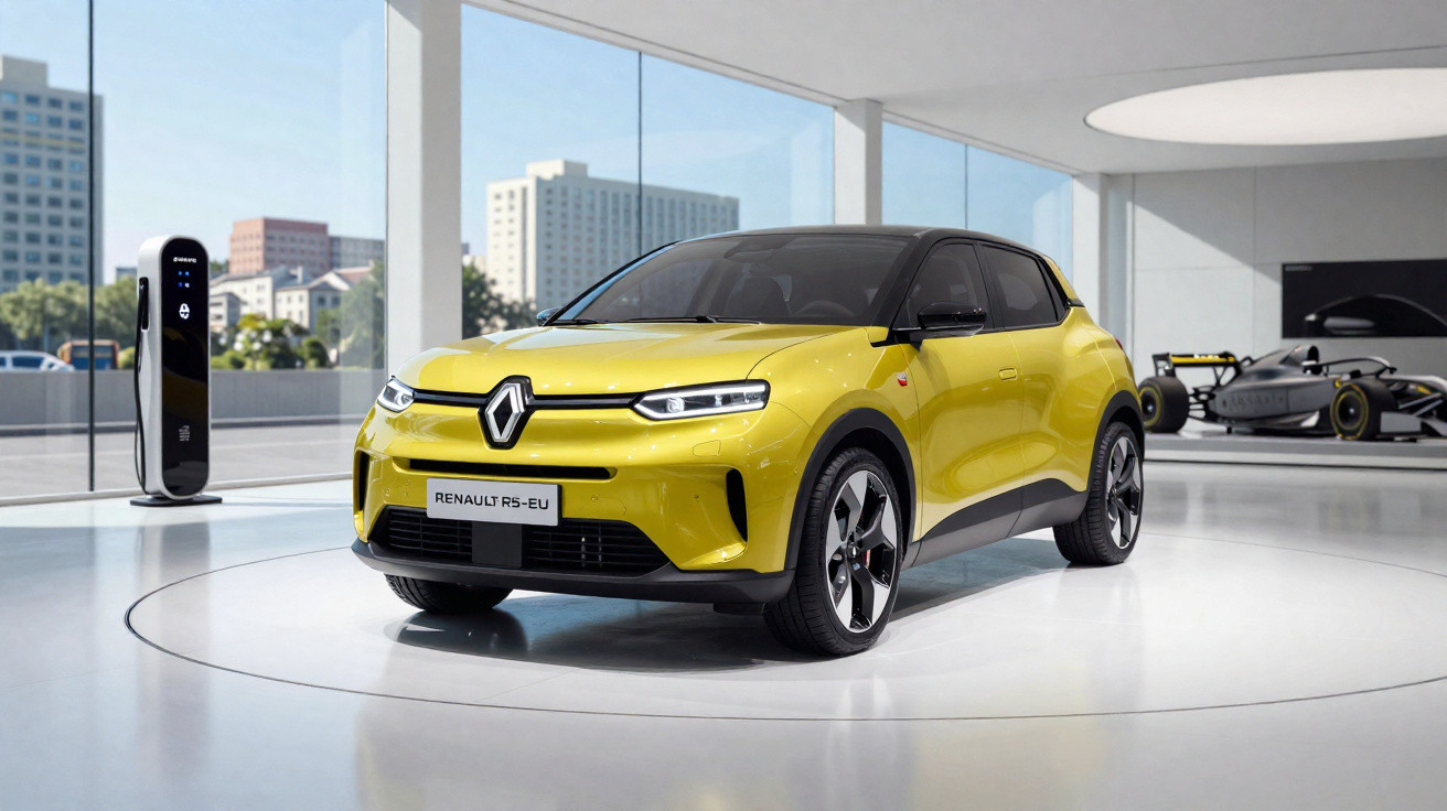 Carro elétrico Renault RS-EU amarelo em showroom moderno com carregador ao lado e carro de corrida ao fundo.
