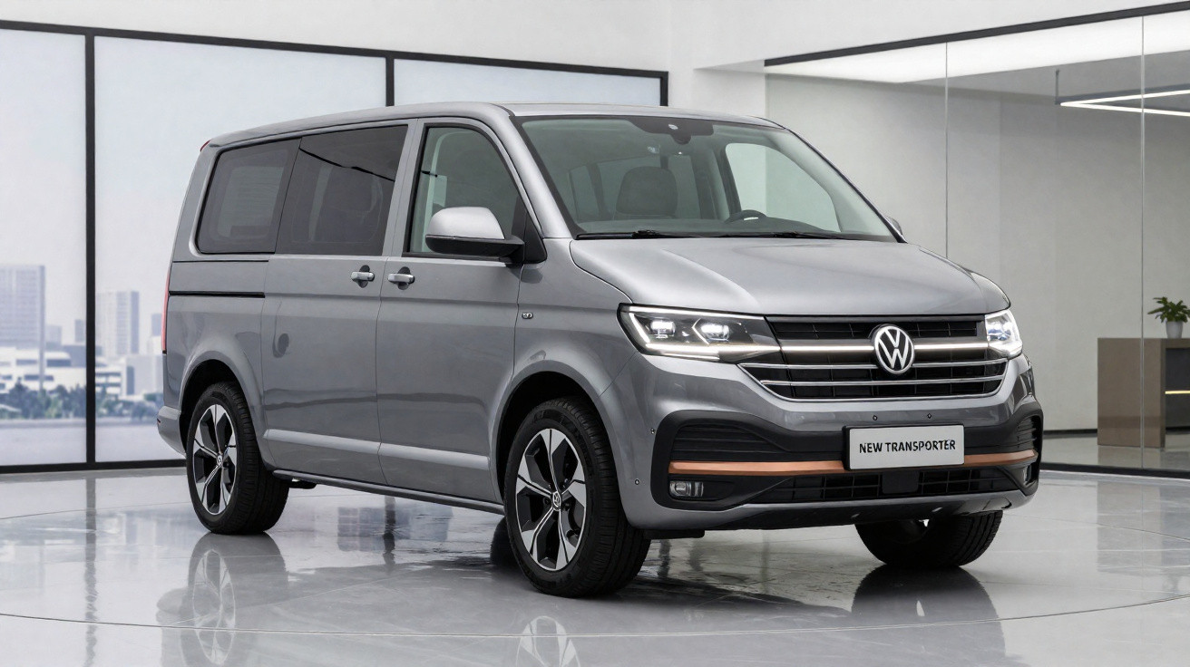 Van Volkswagen New Transporter cinza estacionada em ambiente moderno e iluminado.