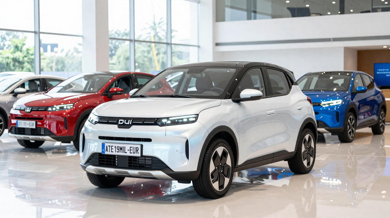 Carros elétricos modernos branco, vermelho e azul exibidos em showroom iluminado e espaçoso.