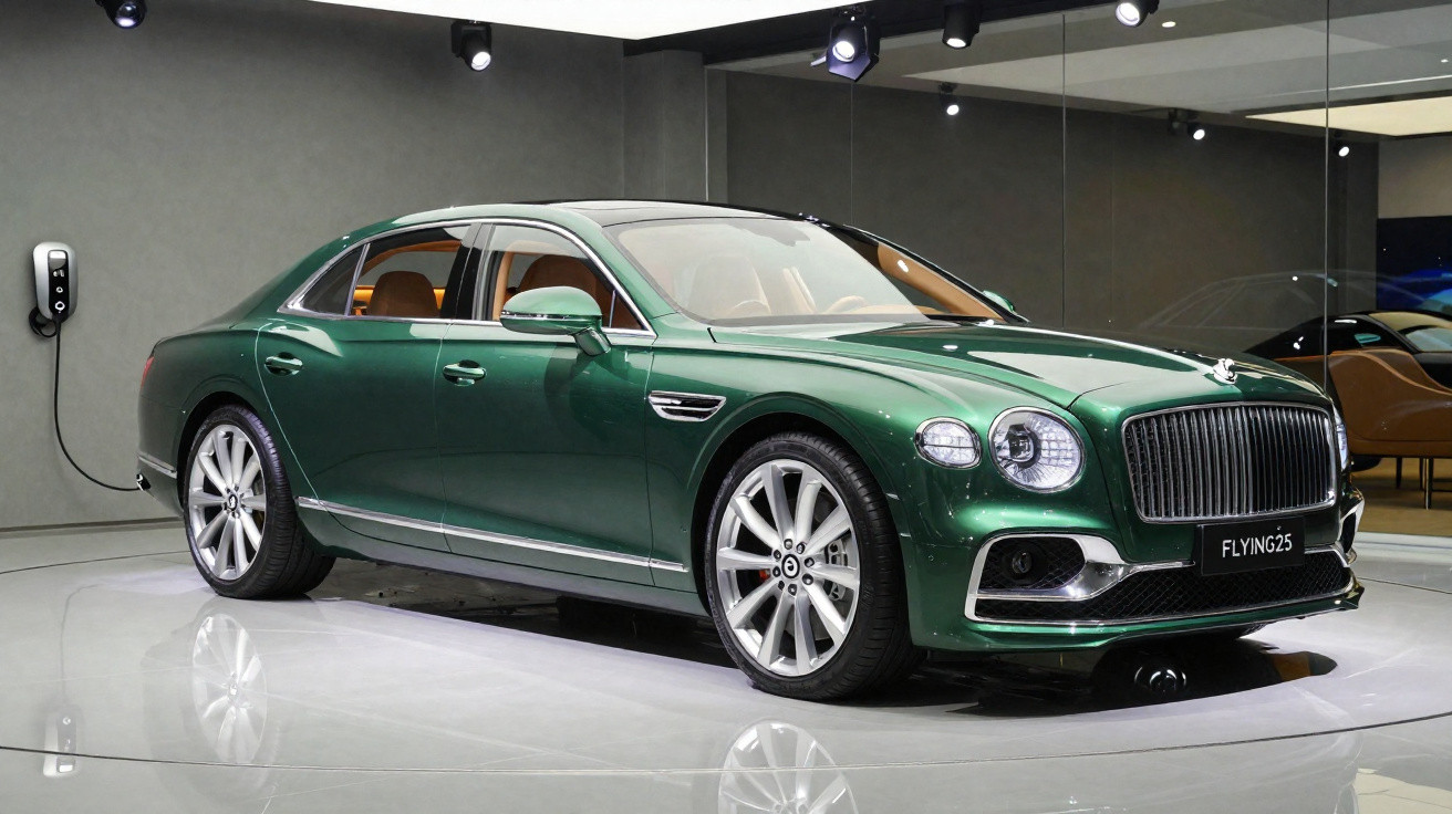 Carro de luxo verde Bentley Flying Spur elétrico em exposição, conectado para carregamento.