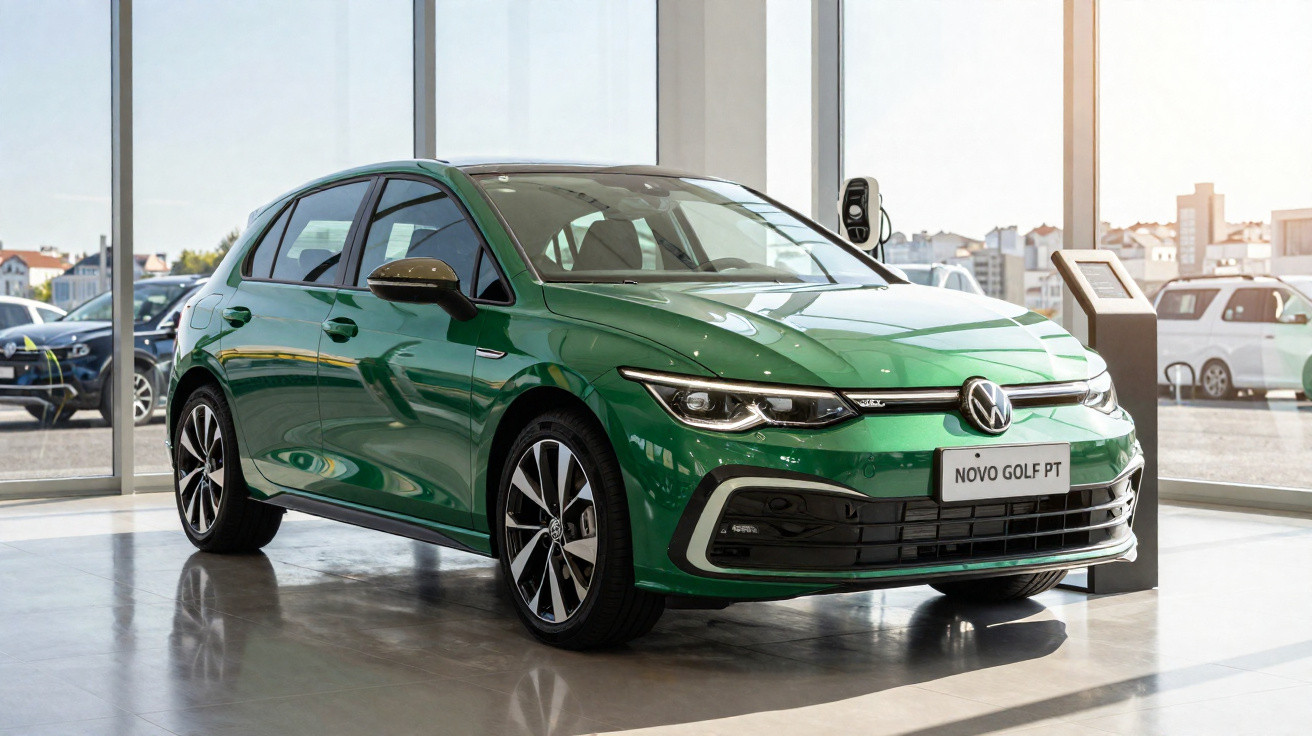 Carro verde Volkswagen Novo Golf PT estacionado em showroom com grandes janelas e iluminação natural.