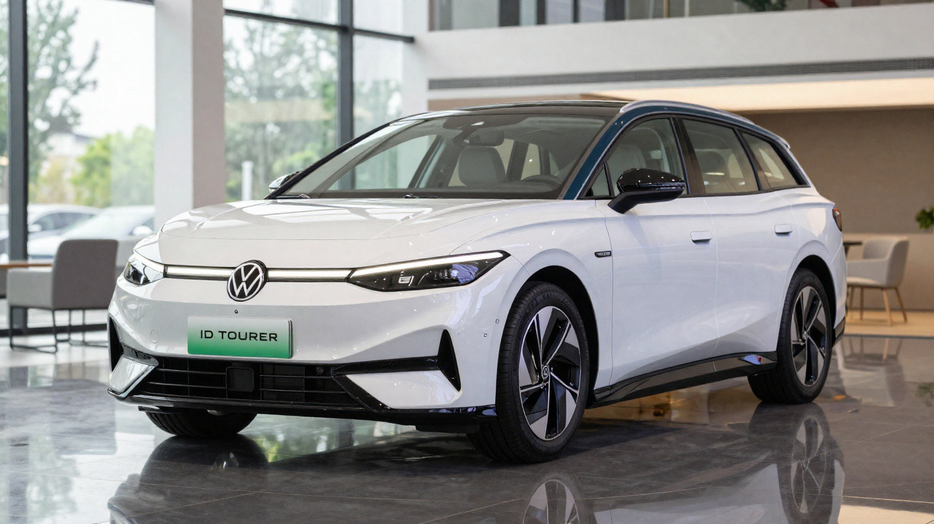 Carro elétrico Volkswagen ID Tourer branco exposto em salão moderno com piso refletivo.