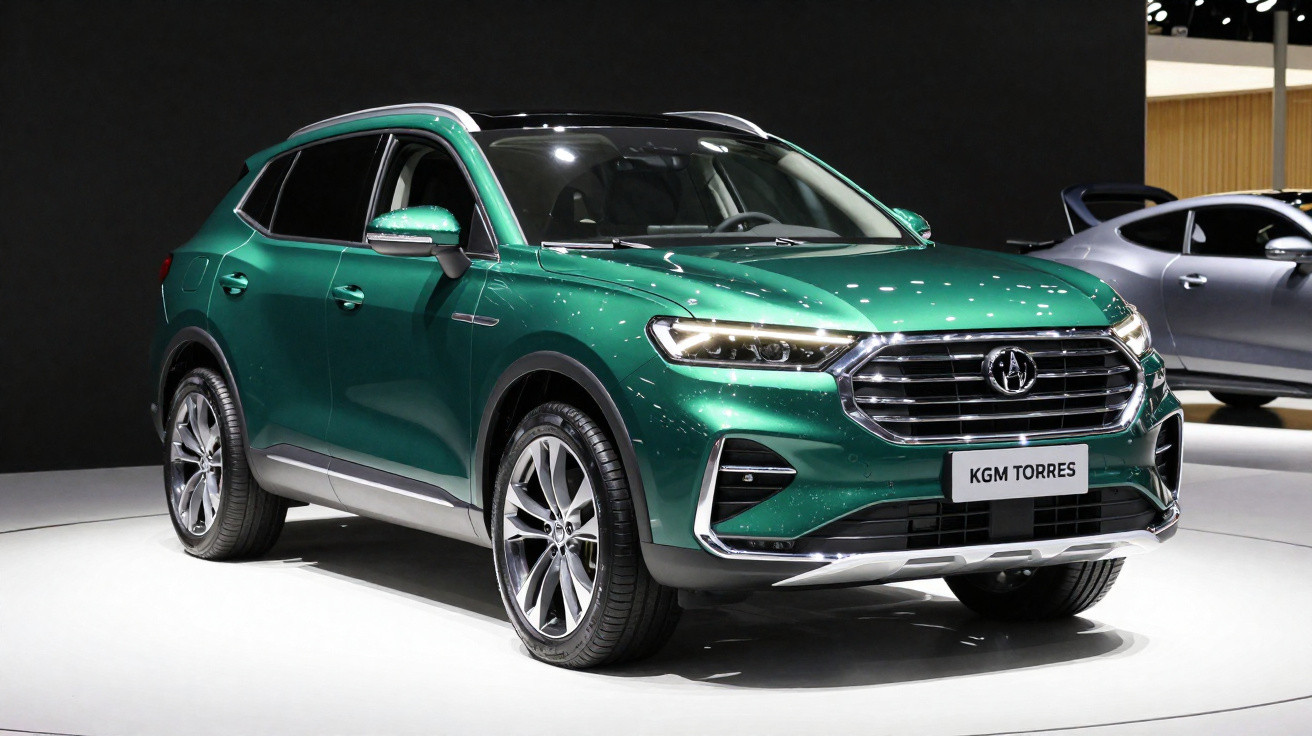 SUV verde metálico em exposição, com faróis acesos e detalhes cromados na grade frontal.
