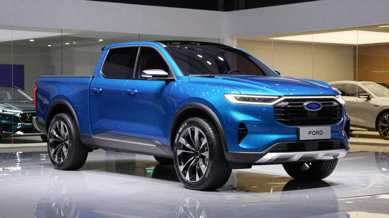 Picape azul da Ford exibida em showroom com design moderno e rodas grandes.