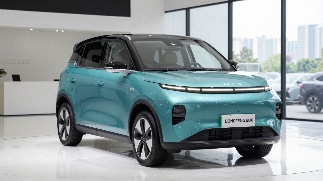 Carro elétrico azul turquesa modelo Dongfeng BOX exibido em salão de automóveis moderno.