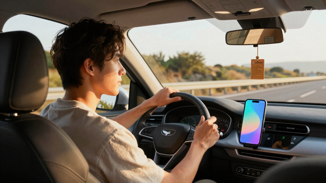 Jovem dirigindo carro com celular preso no painel em estrada ao entardecer.