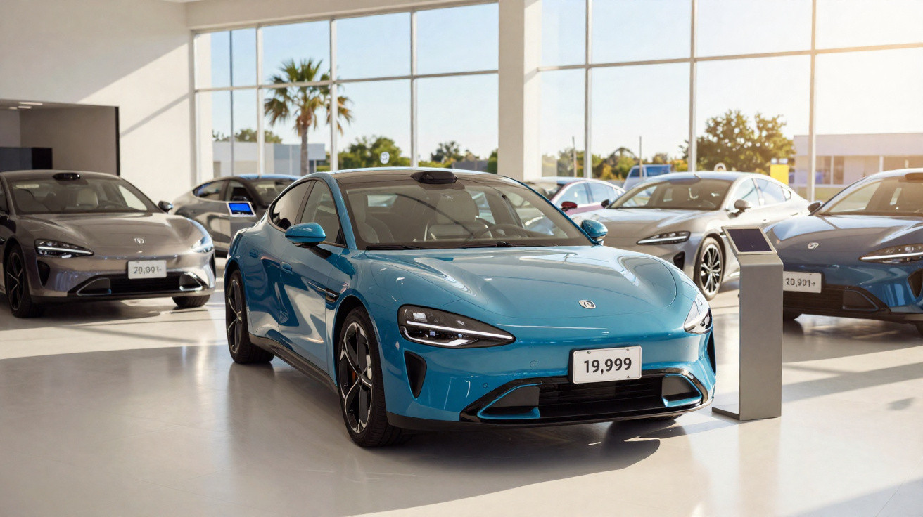 Carros elétricos modernos expostos em showroom com janelas amplas e luz natural entrando.