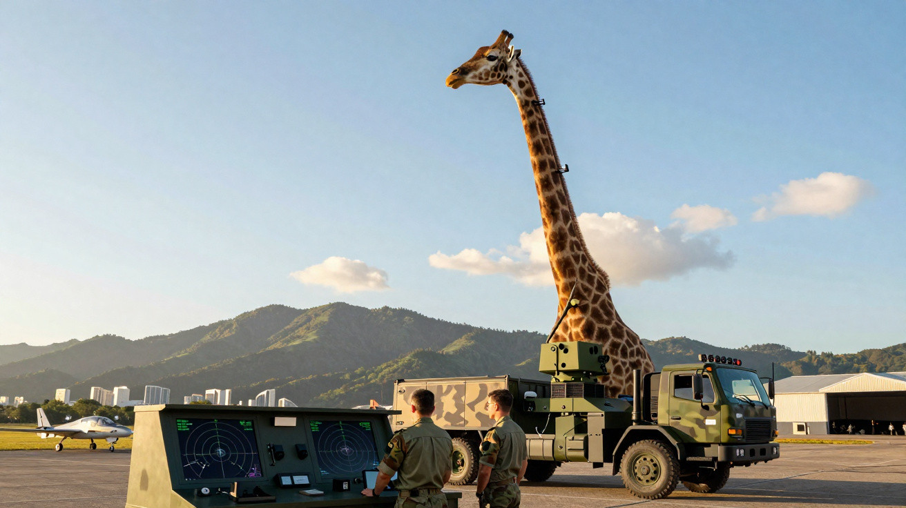 Girafa gigante em caminhão militar com dois soldados observando controle em base aérea ao entardecer.
