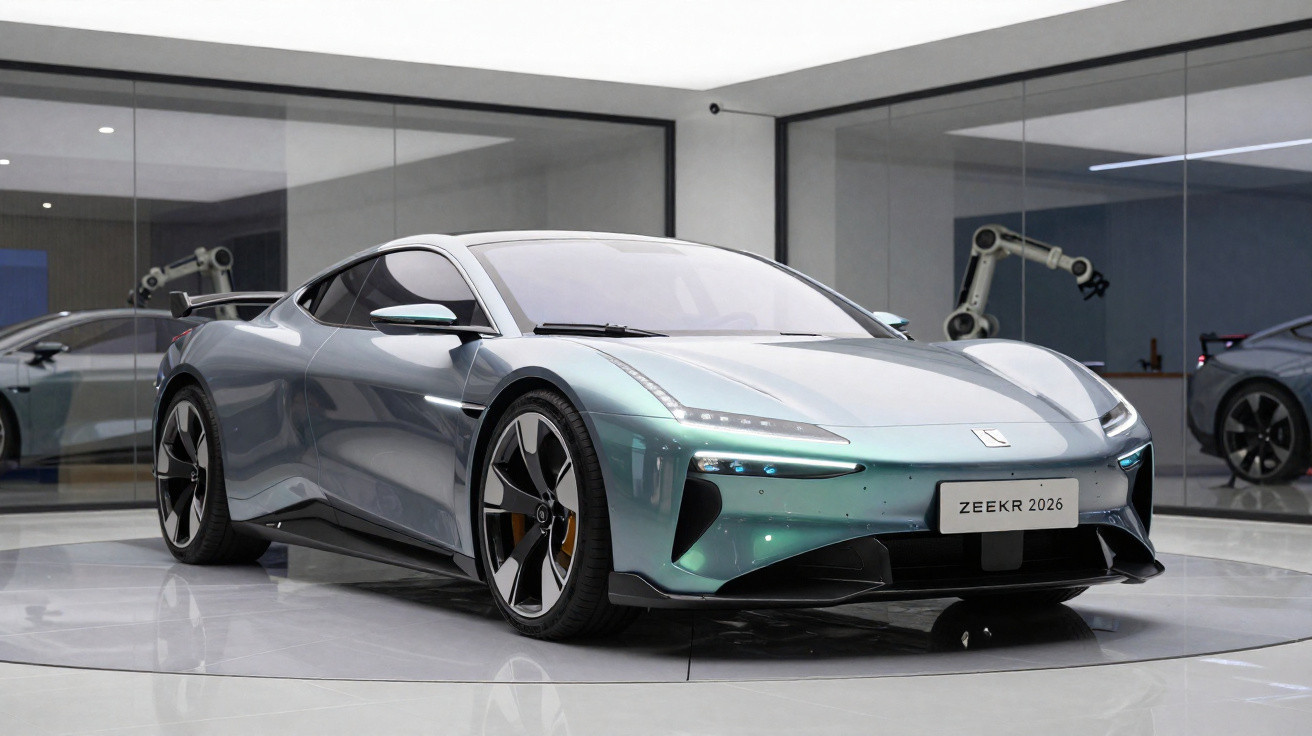 Carro esportivo elétrico Zeekr 2026 prata exibido em sala moderna com paredes de vidro.