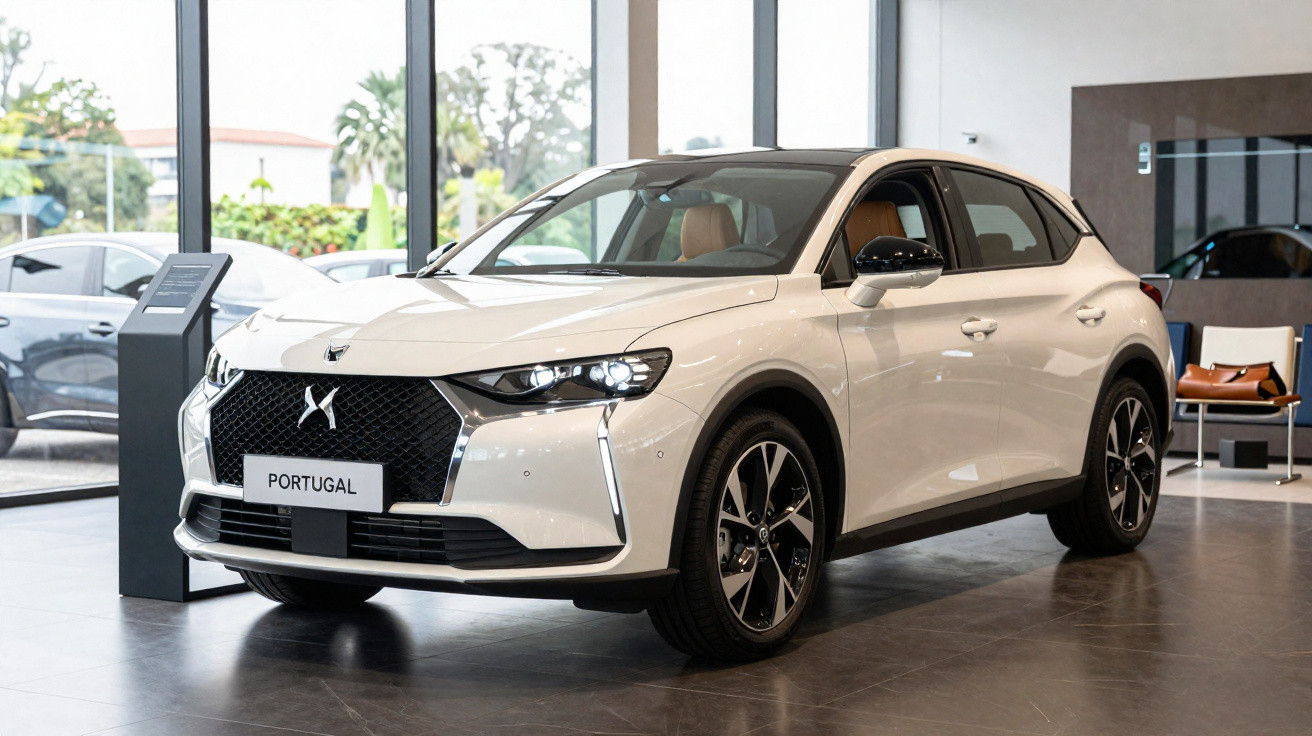 Carro branco DS 4 exposto em showroom com faróis acesos e interior marrom.