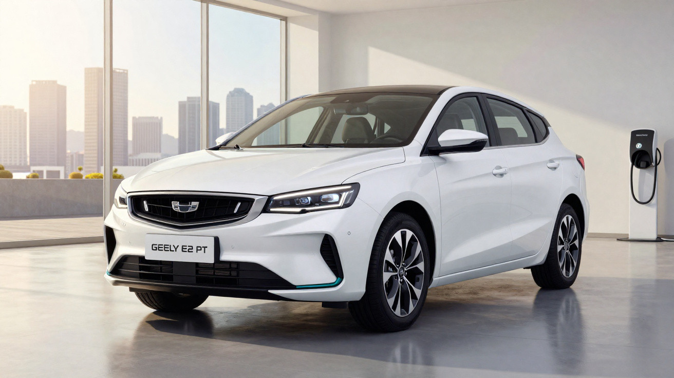 Carro elétrico branco Geely E2 PT estacionado em showroom moderno com carregador ao fundo.