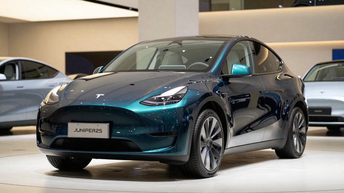 Carro elétrico Tesla modelo azul metálico exibido em salão de automóveis moderno.
