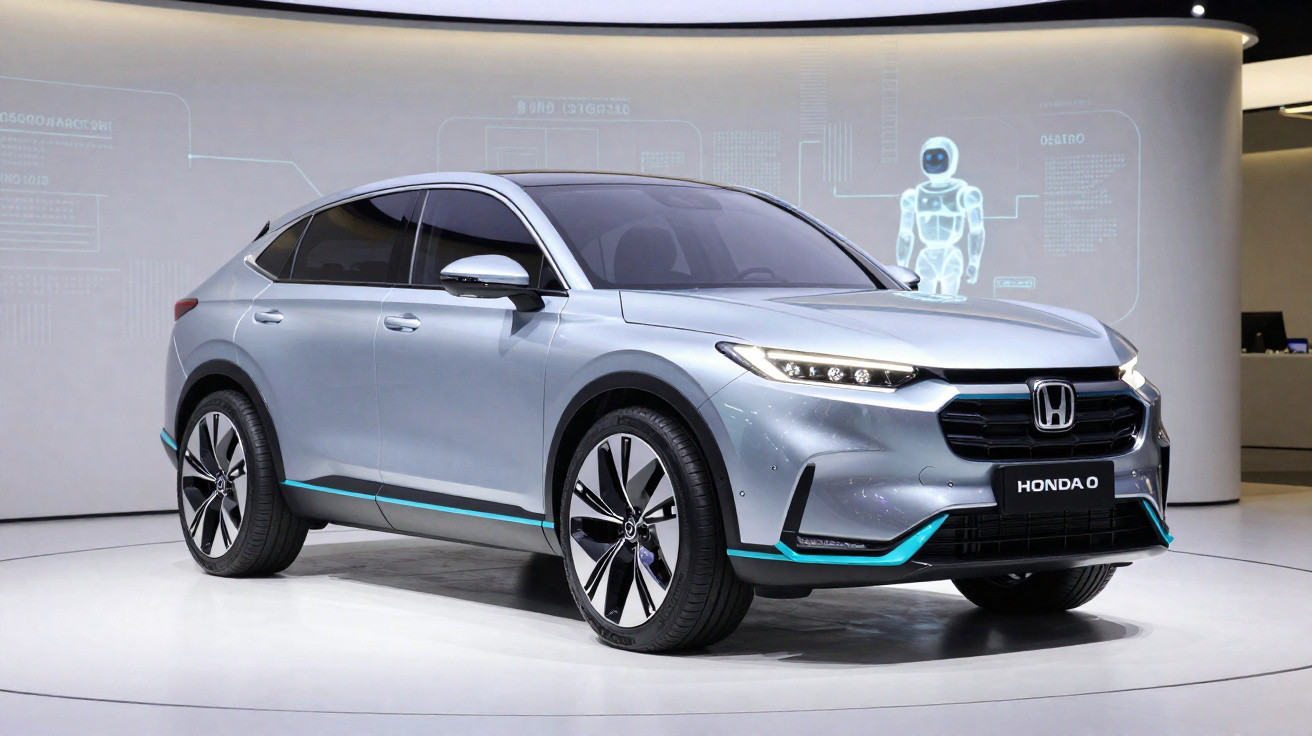 Carro elétrico Honda Honda e cinza prateado exibido em salão, com luzes de LED acesas e destaque em azul.