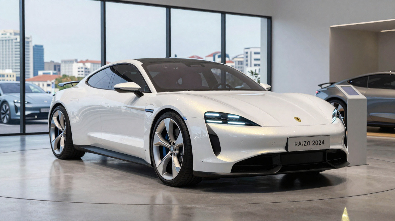 Carro esportivo elétrico branco modelo Raizo 2024 em exposição dentro de showroom moderno.