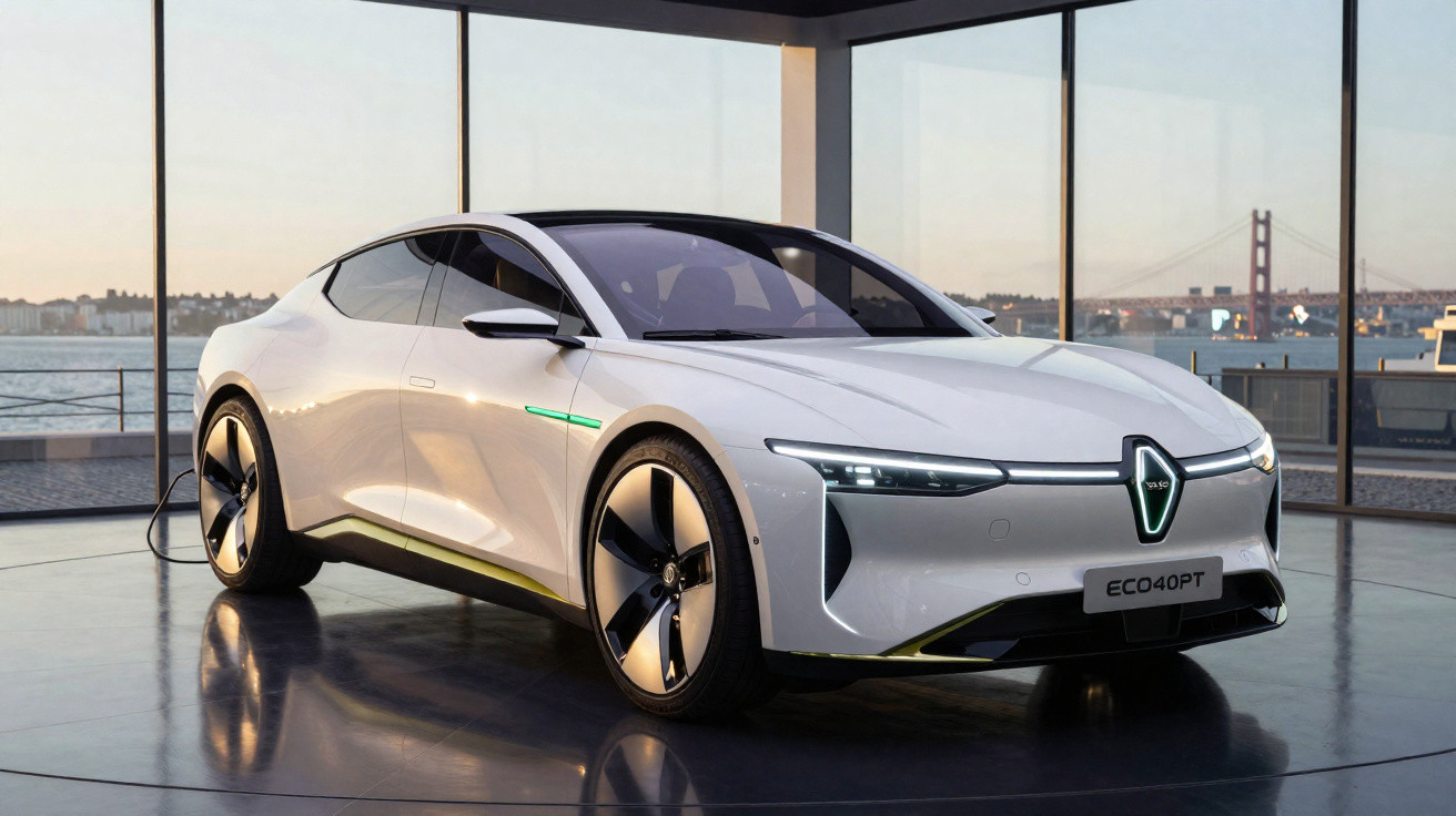 Carro elétrico branco futurista Eco40PT estacionado em ambiente moderno com vista para a ponte ao fundo.