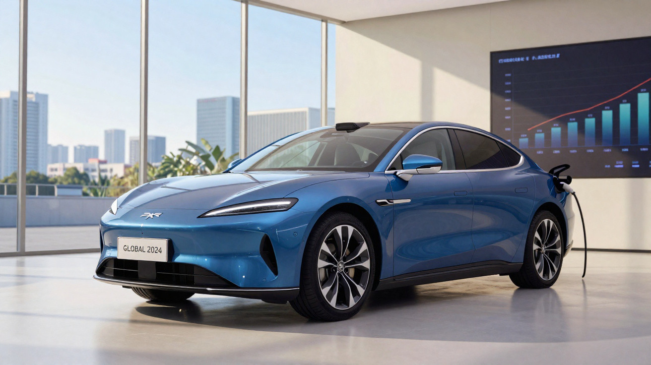 Carro elétrico azul carregando em showroom moderno com vista para cidade e gráfico de crescimento.