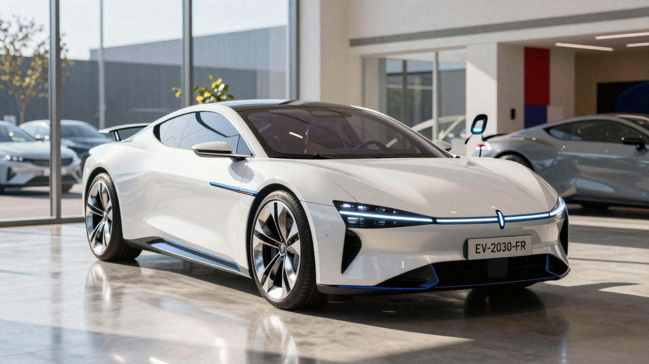 Carro esportivo elétrico branco com design moderno em exposição interna iluminada por luz natural.