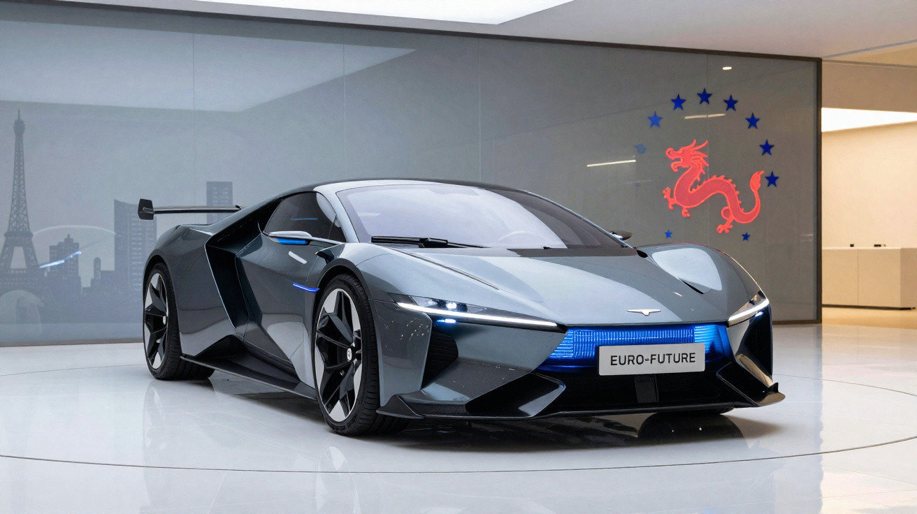 Carro esportivo cinza metálico com design futurista exposto em ambiente interno moderno.