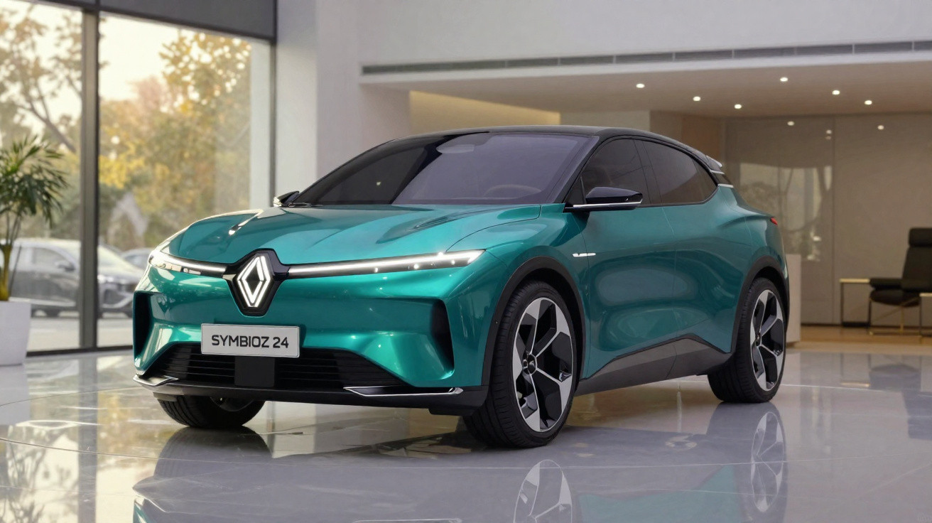 Carro elétrico Renault Symbioz 24 verde em showroom moderno com piso branco brilhante e iluminação interna.