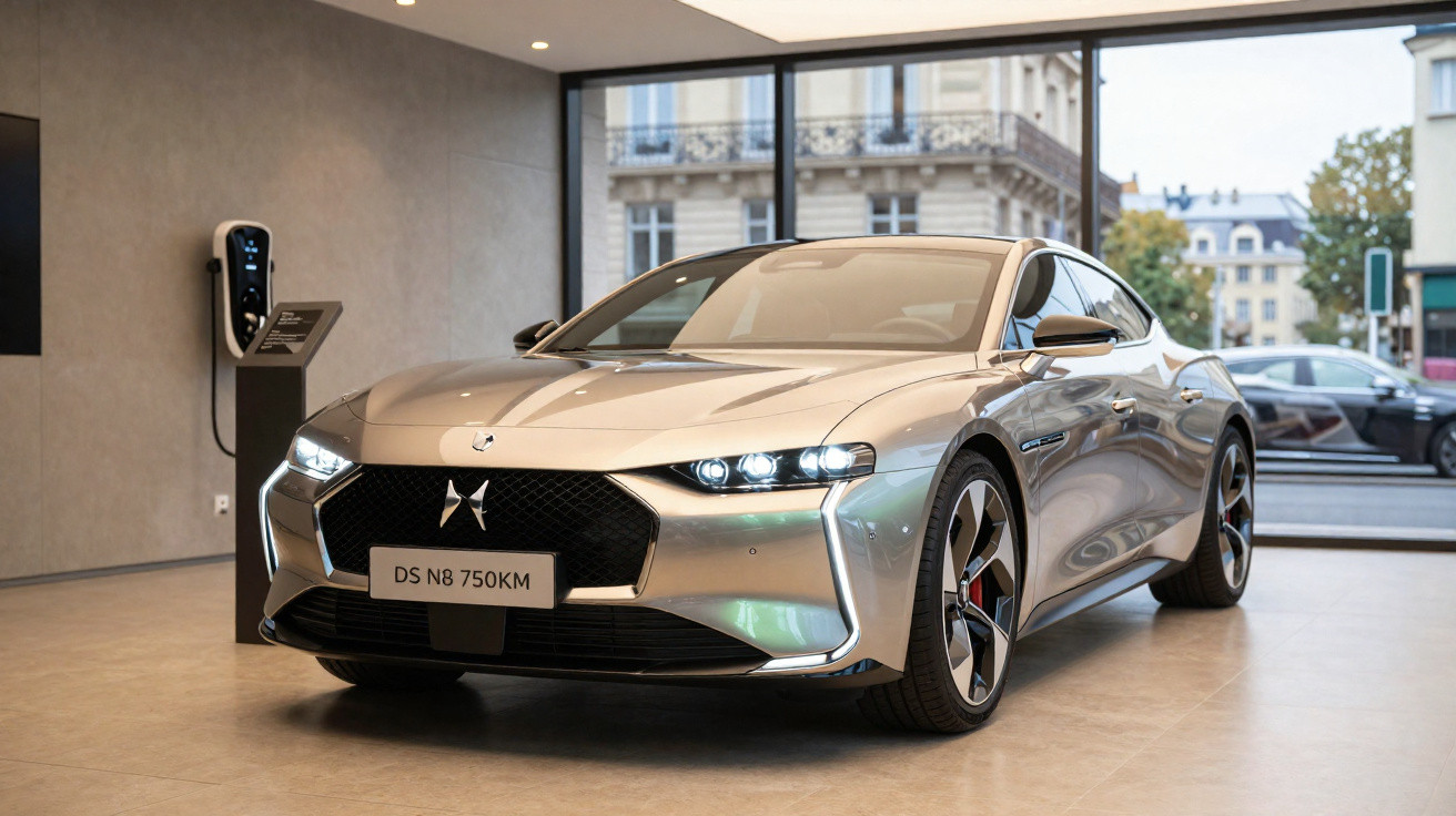 Carro elétrico DS Automobiles prata exibido em showroom moderno com carregador ao fundo.