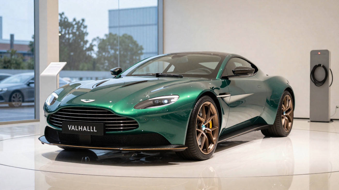 Carro esportivo verde Aston Martin Valhalla exposto em showroom moderno e iluminado.