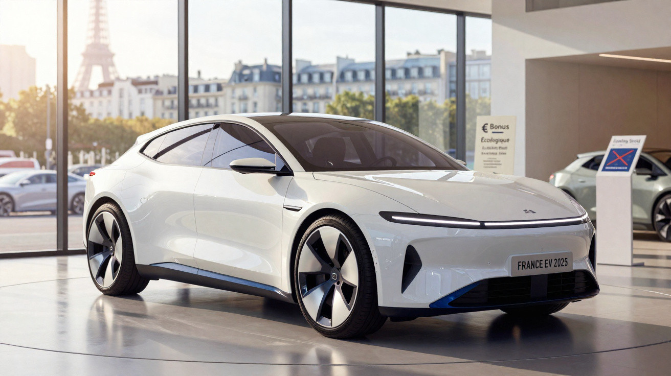 Carro elétrico branco moderno exibido em showroom com janela grande e Torre Eiffel ao fundo.