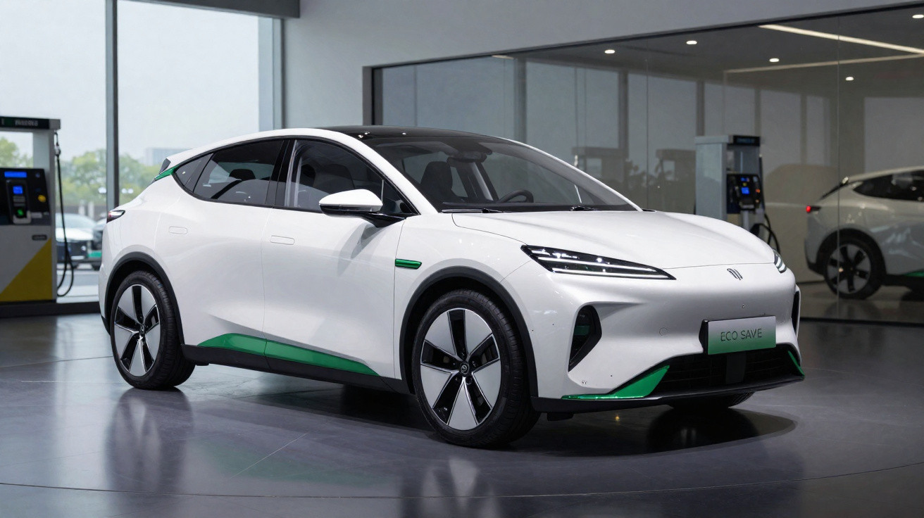 Carro elétrico branco com detalhes verdes, modelo SUV, exposto em showroom moderno.