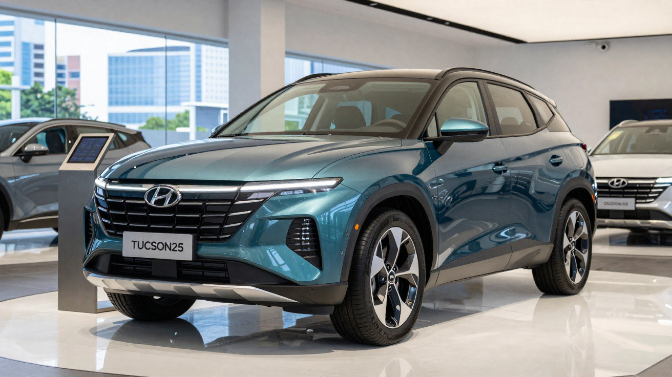 SUV Hyundai Tucson 2025 azul metálico exposto em showroom moderno com iluminação natural.