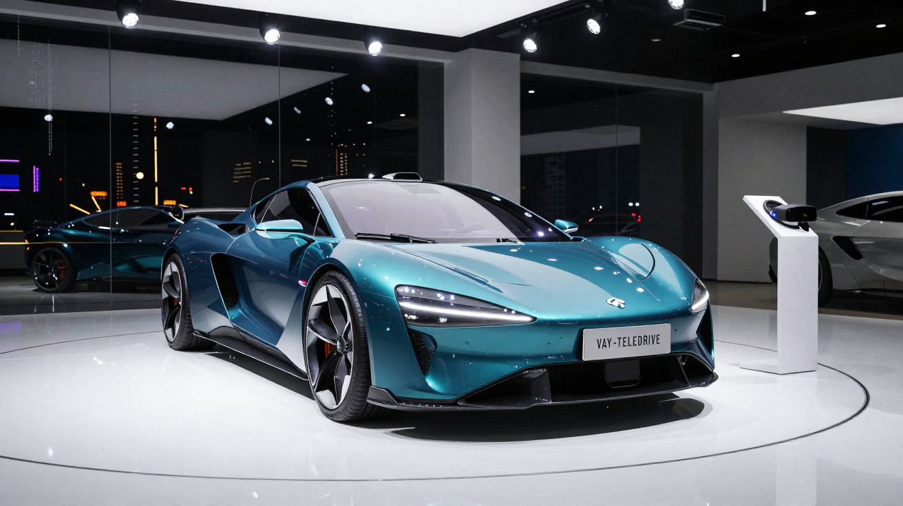 Carro esportivo azul metálico exposto em showroom moderno com iluminação destacando o design aerodinâmico.