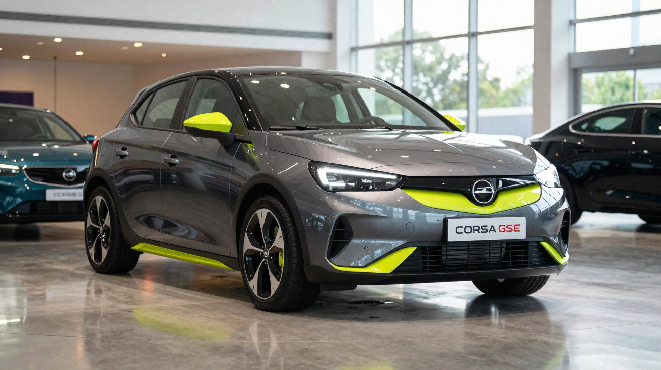 Carro cinza Opel Corsa GSE com detalhes amarelos exposto em showroom moderno com piso de mármore.