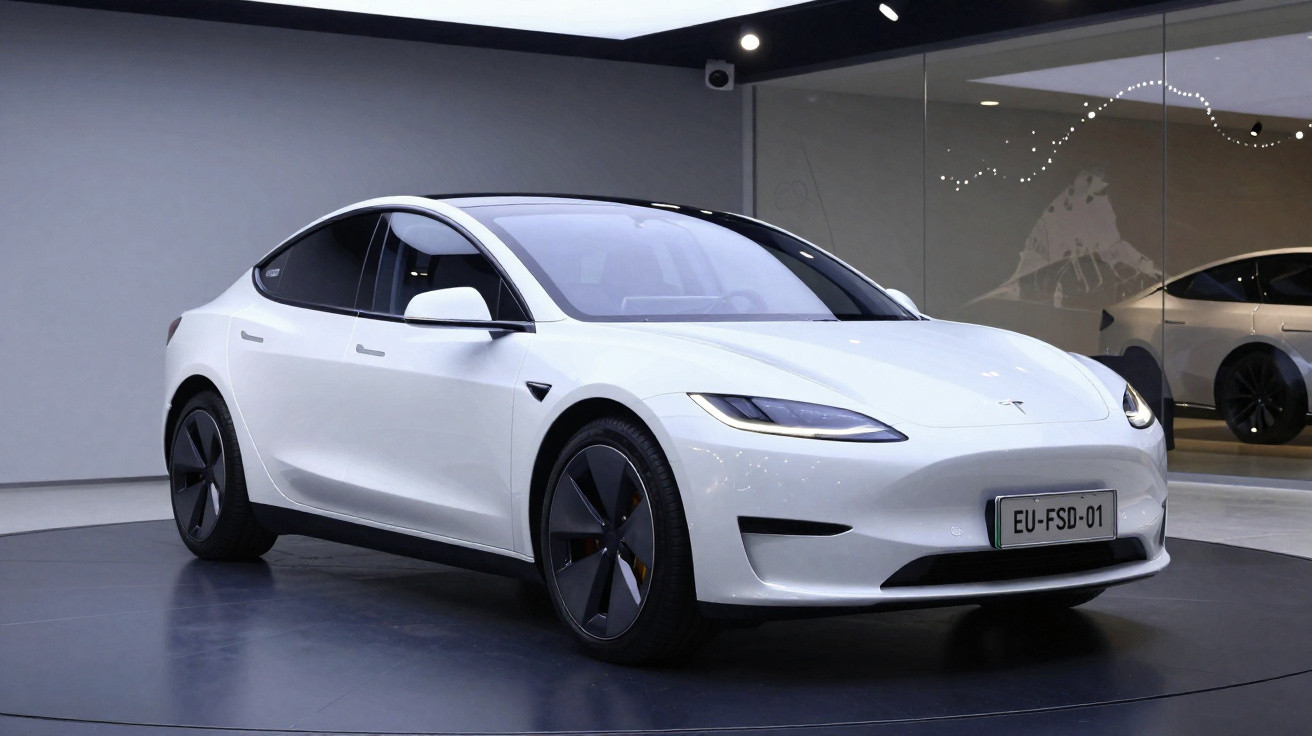Carro elétrico branco Tesla Model S em exposição, ambiente moderno e iluminação suave.