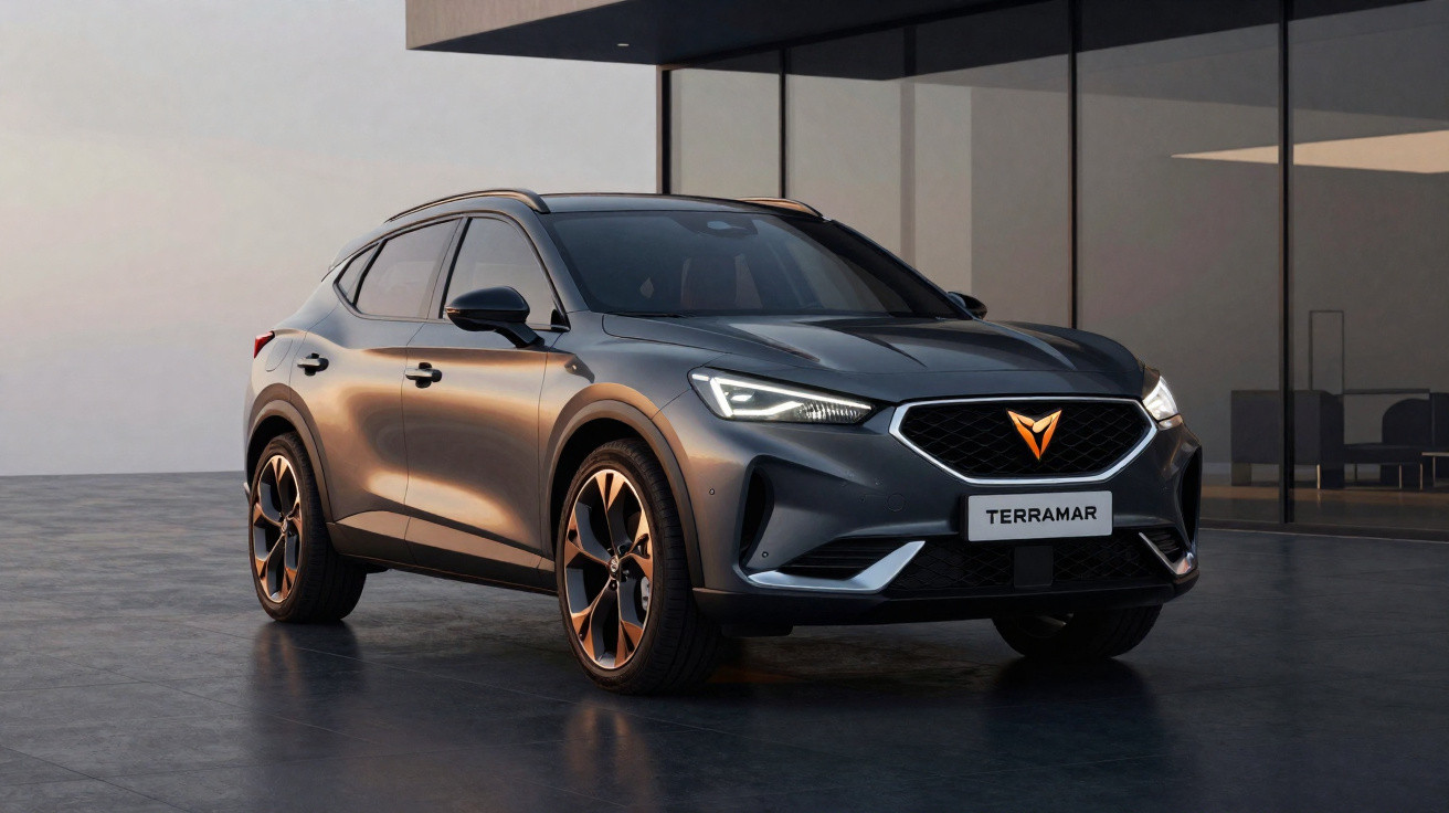 SUV cinza escuro Cupra Terramar estacionado em piso de concreto perto de prédio moderno com vidros.