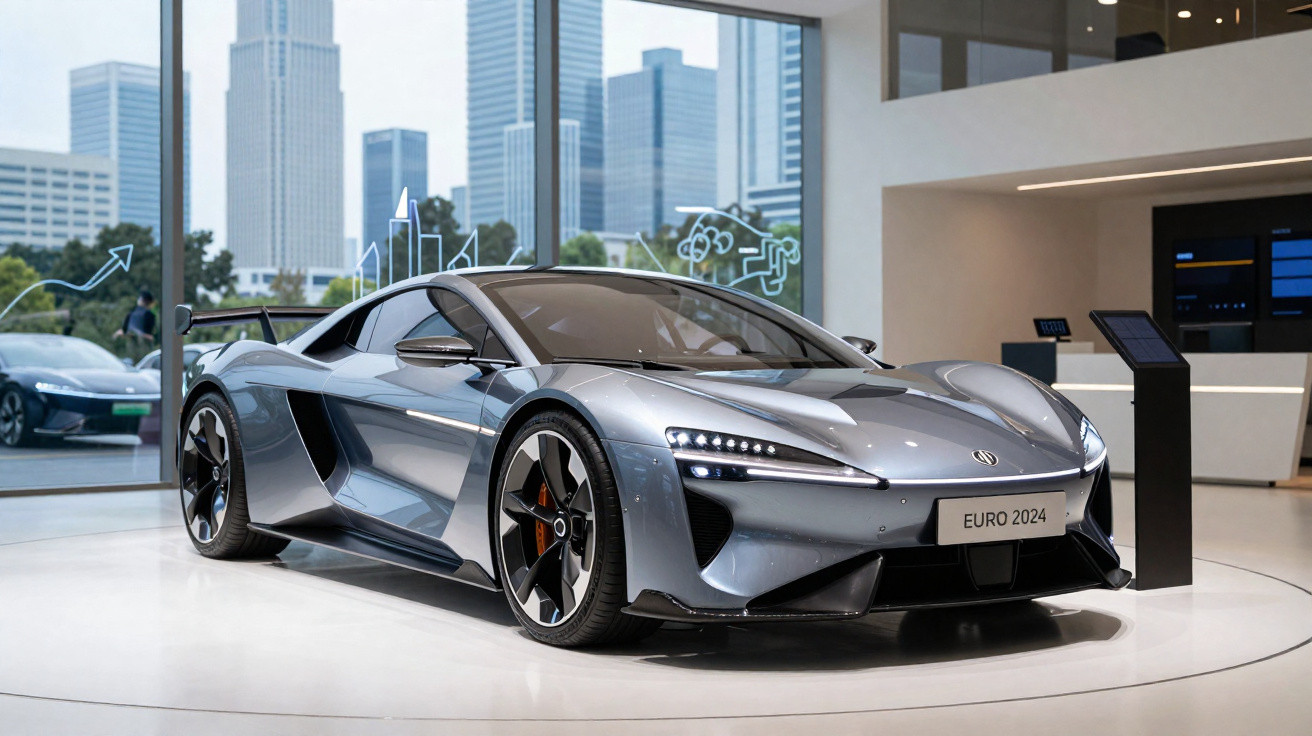 Carro esportivo cinza metálico exibido em showroom com grandes janelas e edifícios ao fundo.