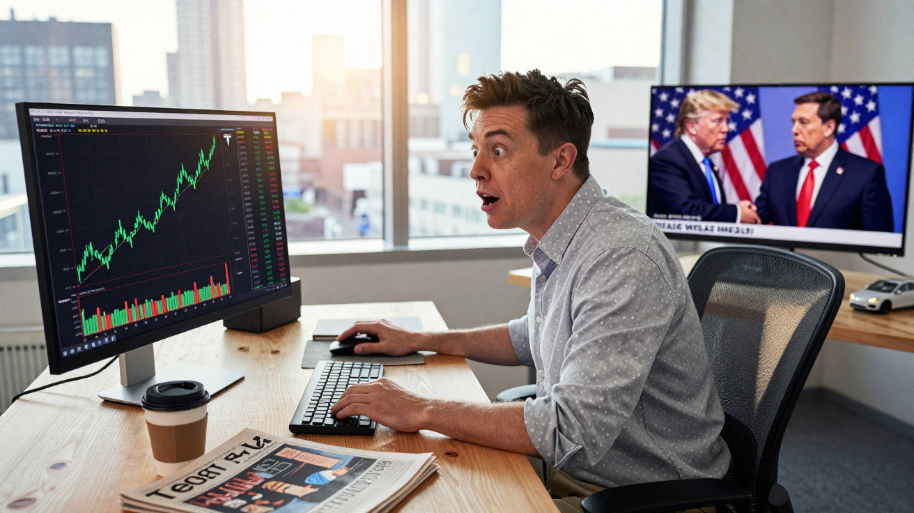 Homem surpreso olhando para gráfico financeiro em alta no computador com notícia na TV ao fundo em escritório moderno.