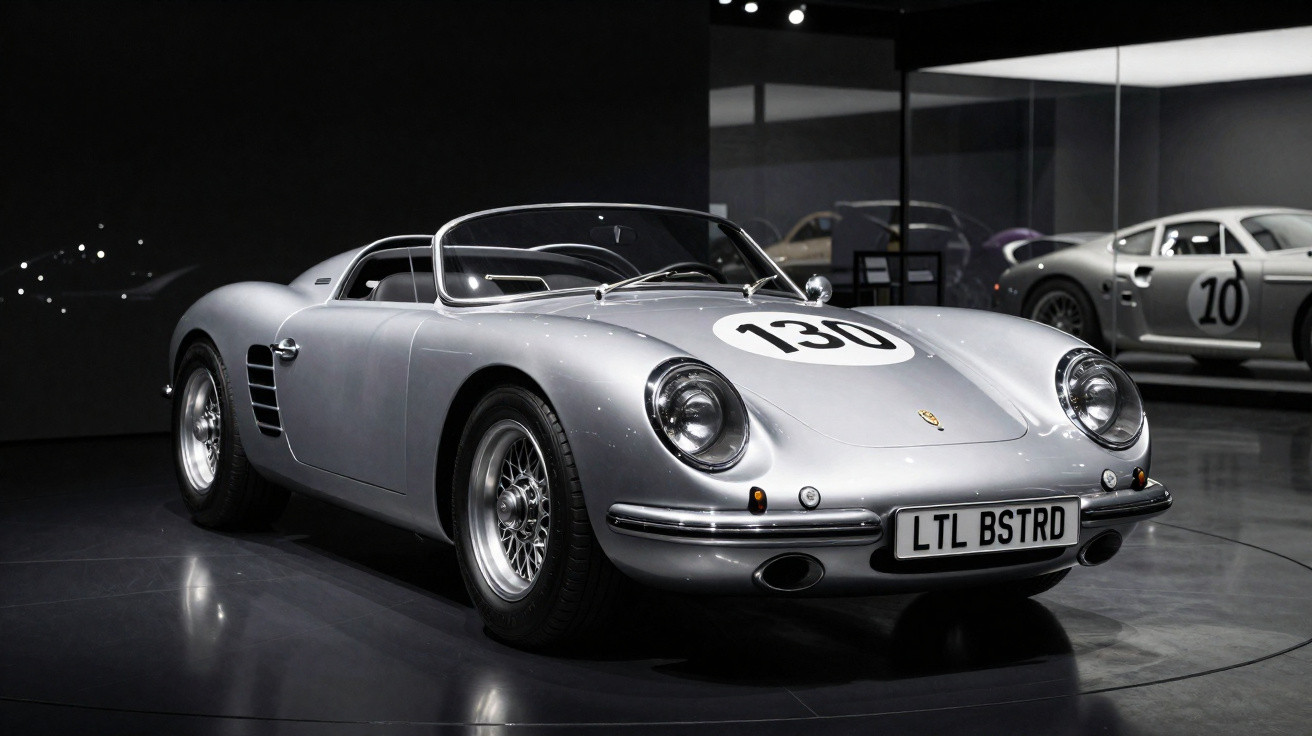 Carro esportivo conversível prata com número 130 em exposição em museu de automóveis.