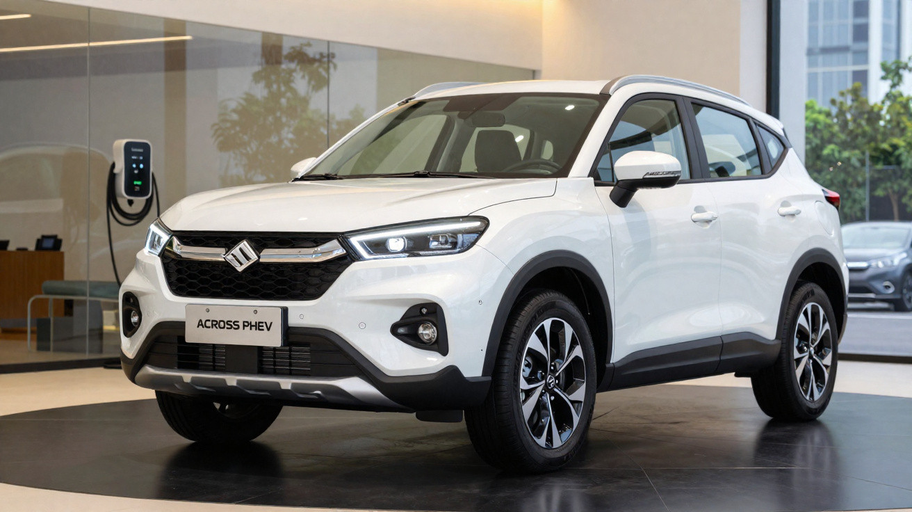 Carro SUV branco Suzuki Across PHEV estacionado em showroom moderno com carregador elétrico ao fundo.